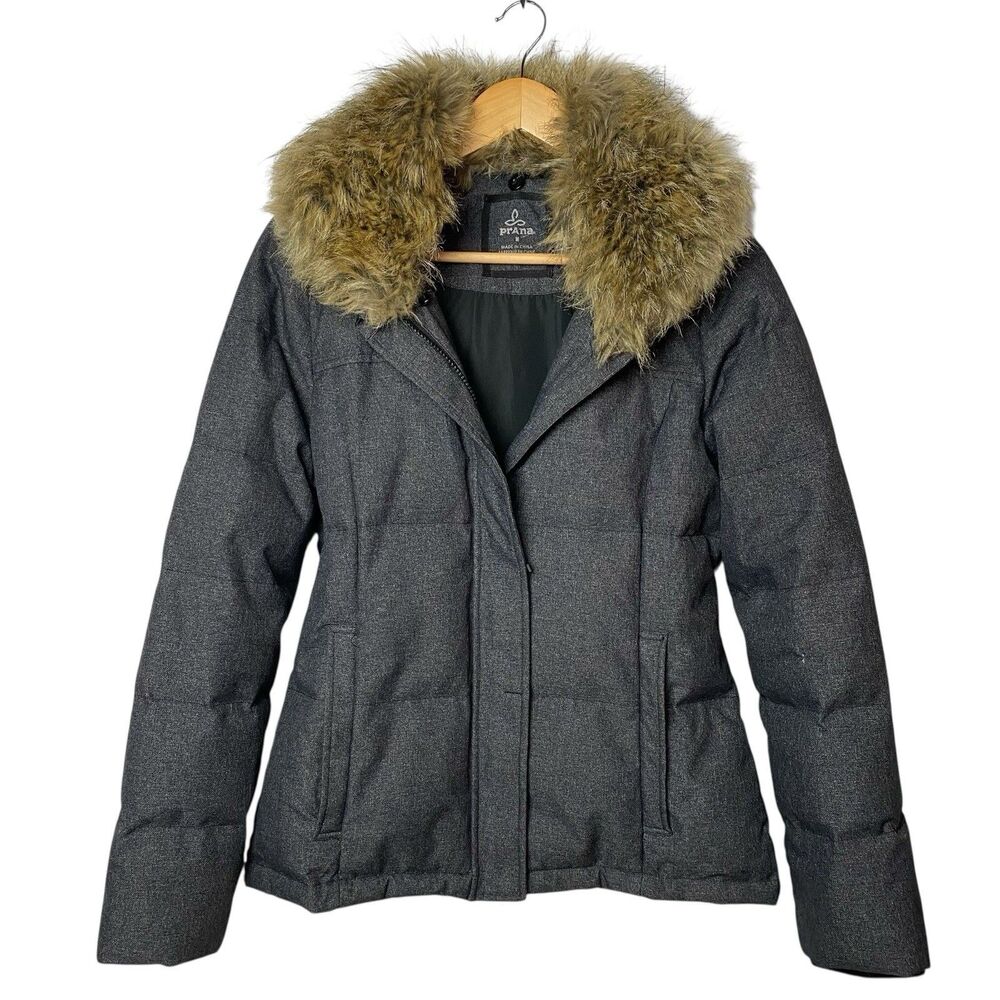 prAna Insulated Jacket Womens M Gray Faux Fur Collar Full Zip Winter Coat